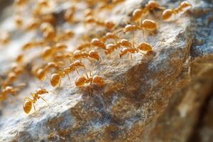 A group of ants walking on a rock photo