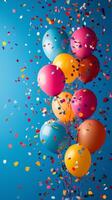 Colorful balloons and confetti on blue background photo