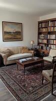 Cozy living room with bookshelf, couch, and plants in a warm, inviting atmosphere photo