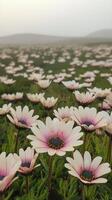 A field of pink and white daisies in the fog photo