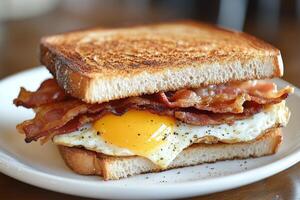 A breakfast sandwich with bacon and an egg photo