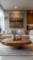 A living room with a large wooden table photo
