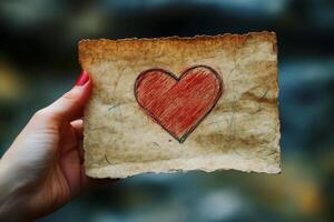Hand holding a heart drawing on aged paper against a blurred background photo