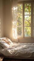 A bed with a white sheet and pillows photo