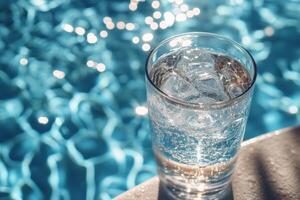A glass of water sitting on a table near a pool photo