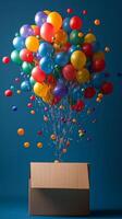 A box with many colorful balloons floating out of it photo
