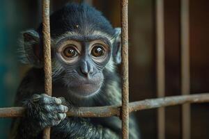 A monkey is looking out from behind bars photo
