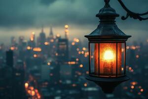 City skyline illuminated by lantern light during twilight on a cloudy evening photo
