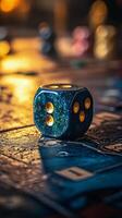 A blue dice sitting on top of a board game photo