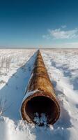 A rusted pipe in the middle of a snowy field photo