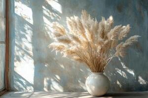 A vase with dried grasses sitting on a window sill photo