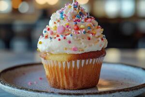 A cupcake with white frosting and sprinkles on top photo