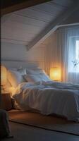 A bed in a bedroom with a white bedspread photo