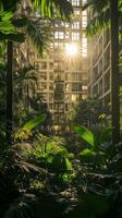 Sunlight shining through the trees in a tropical garden photo