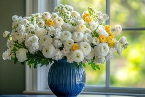 A blue vase filled with white and yellow flowers photo