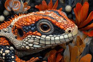 A lizard with orange and black spots on its head photo