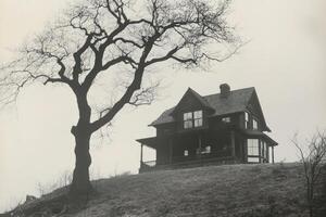 An old black and white photo of a house with a tree