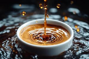 A cup of coffee is being poured into water photo