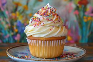 A cupcake with sprinkles on top of a plate photo