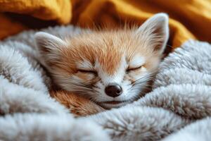 A small fox sleeping on a blanket photo