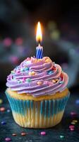 A cupcake with a lit candle on top photo