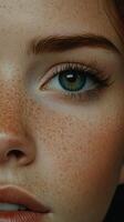 A close up of a woman with freckles on her face photo