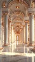 A long hallway with columns and gold trim photo