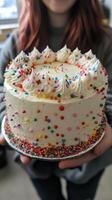 A woman holding a cake with sprinkles on it photo