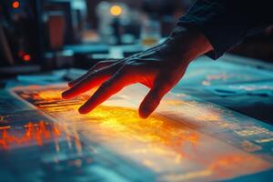 A person is touching a screen with a glowing light photo