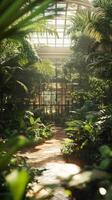 A walkway through a tropical garden with plants and trees photo