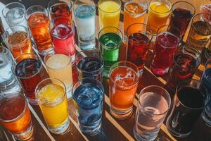 A large number of different colored drinks in glasses photo
