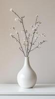 A white vase with a branch of flowers in it photo