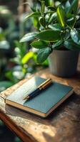Pen and notebook on wooden table with potted plant photo
