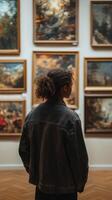A woman looking at paintings in an art gallery photo