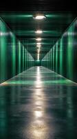 A long tunnel with green lights and a light at the end photo