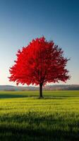 A red tree stands alone in a field photo