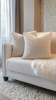 A white couch with pillows and a rug photo
