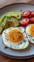 Two eggs and tomatoes on a plate photo