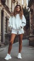 A woman in white shorts and a white sweatshirt photo