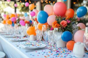 A table with colorful balloons and flowers photo