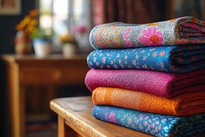 A stack of colorful blankets on a wooden table photo
