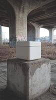 A white box sitting on top of a concrete block photo