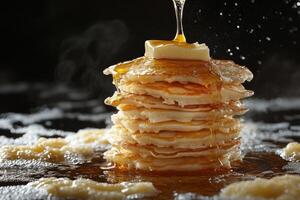 A stack of pancakes being poured with syrup photo