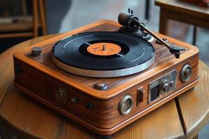 A vintage turntable sitting on top of a wooden table photo