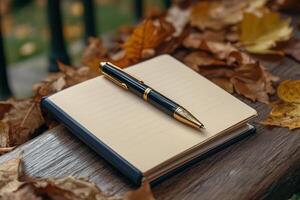 A notebook and pen on a wooden bench in autumn photo