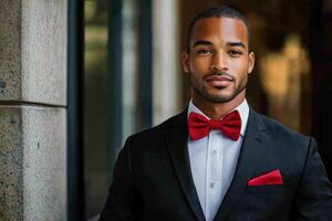 A man in a suit and red bow tie photo