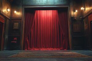 A red curtain is hanging in front of a large room photo