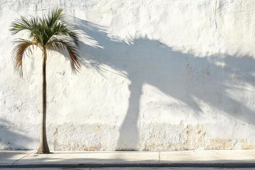 A palm tree is standing in front of a white wall photo