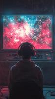 A man wearing headphones and watching a television screen with a galaxy on it photo