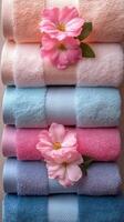 A stack of towels with pink flowers photo